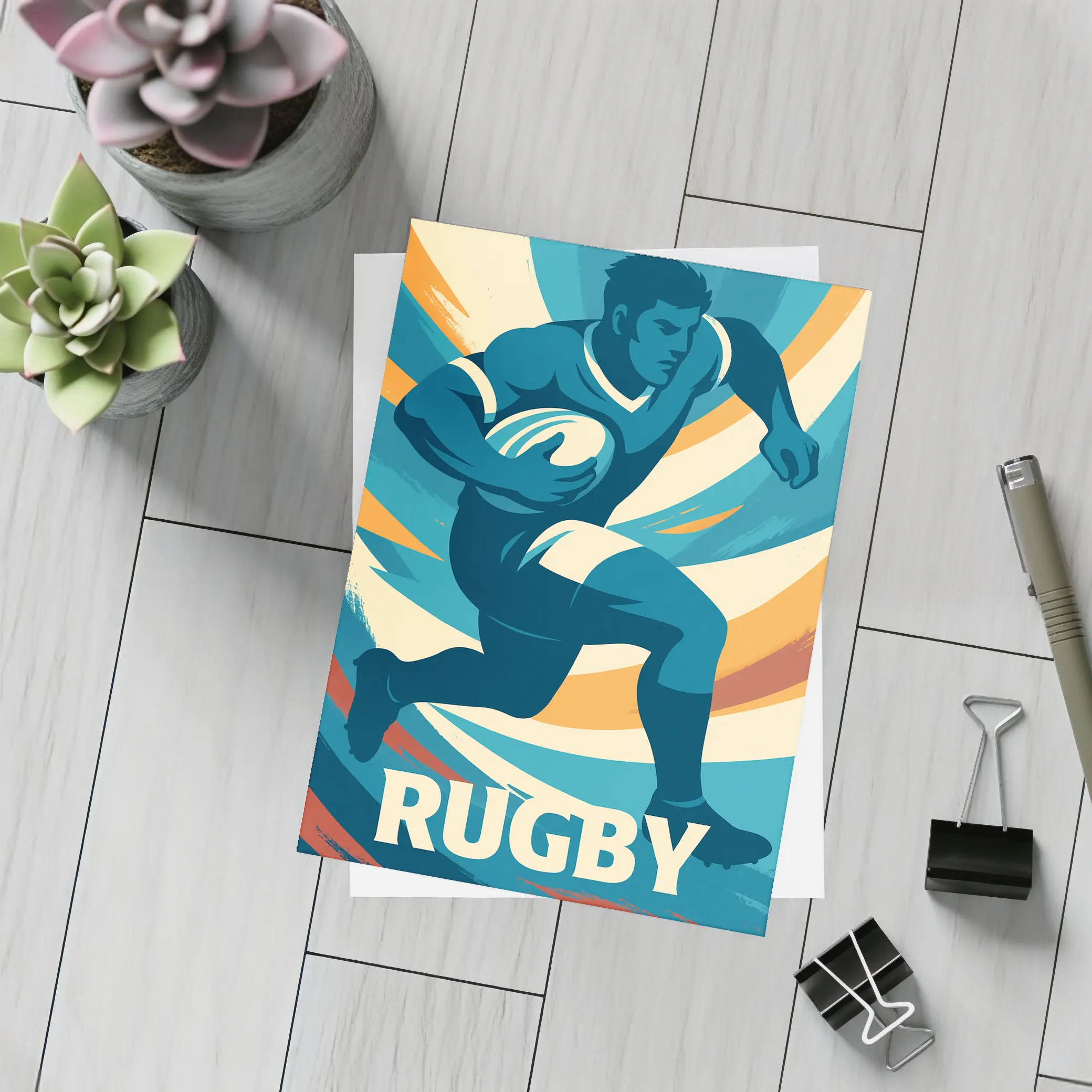 Rugby Player Running Retro Swirl Background – Postcards