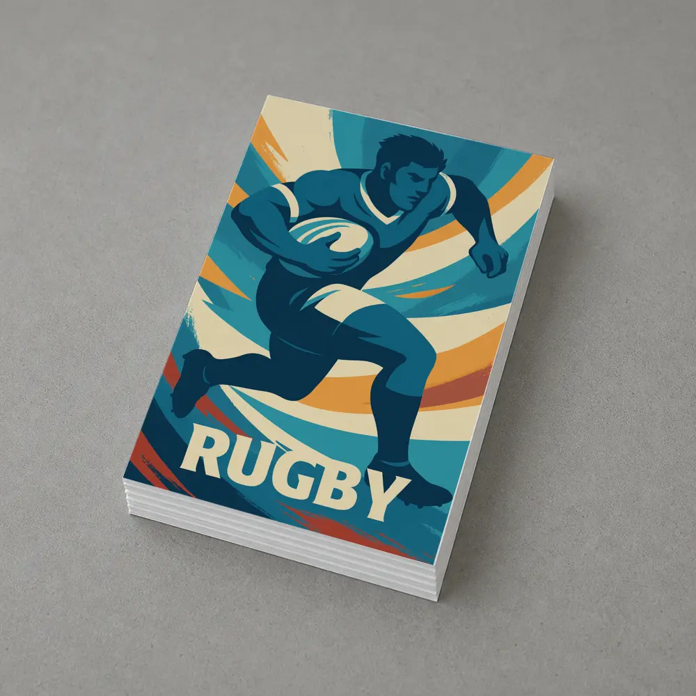 Rugby Player Running Retro Swirl Background – Postcards