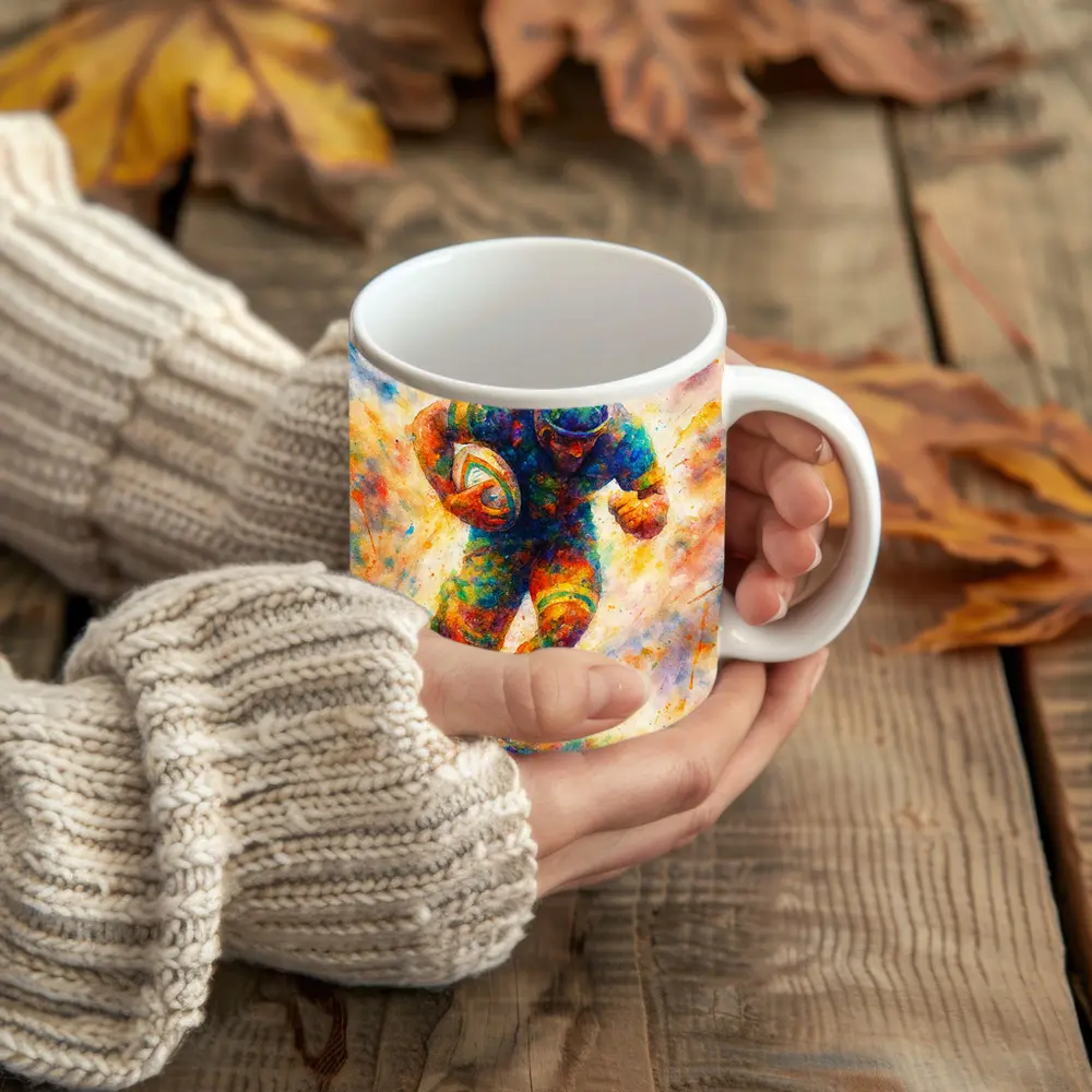 Rugby Player Running Watercolor Art Burst – Mugs
