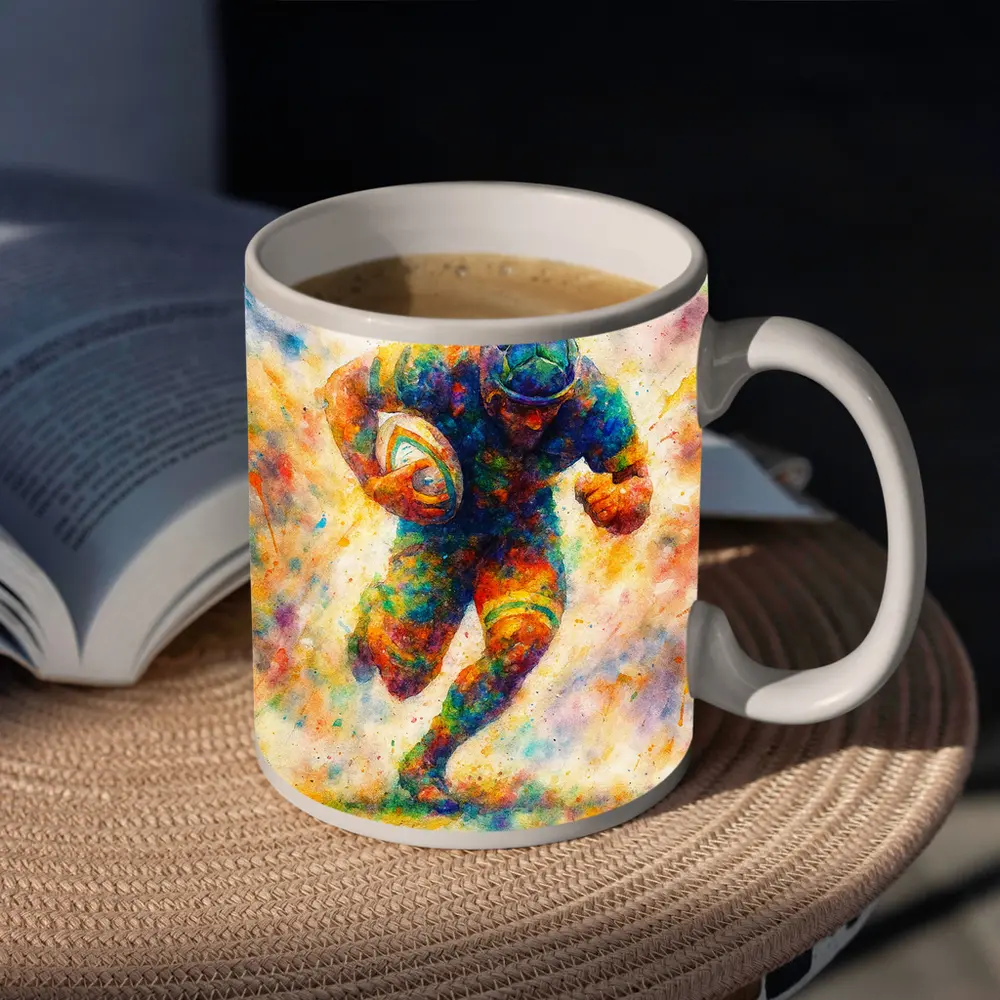 Rugby Player Running Watercolor Art Burst – Mugs