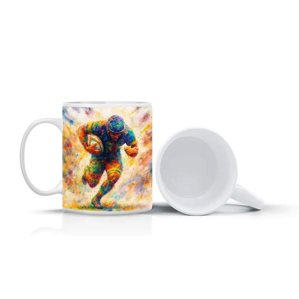 Rugby Player Running Watercolor Art Burst – Mugs