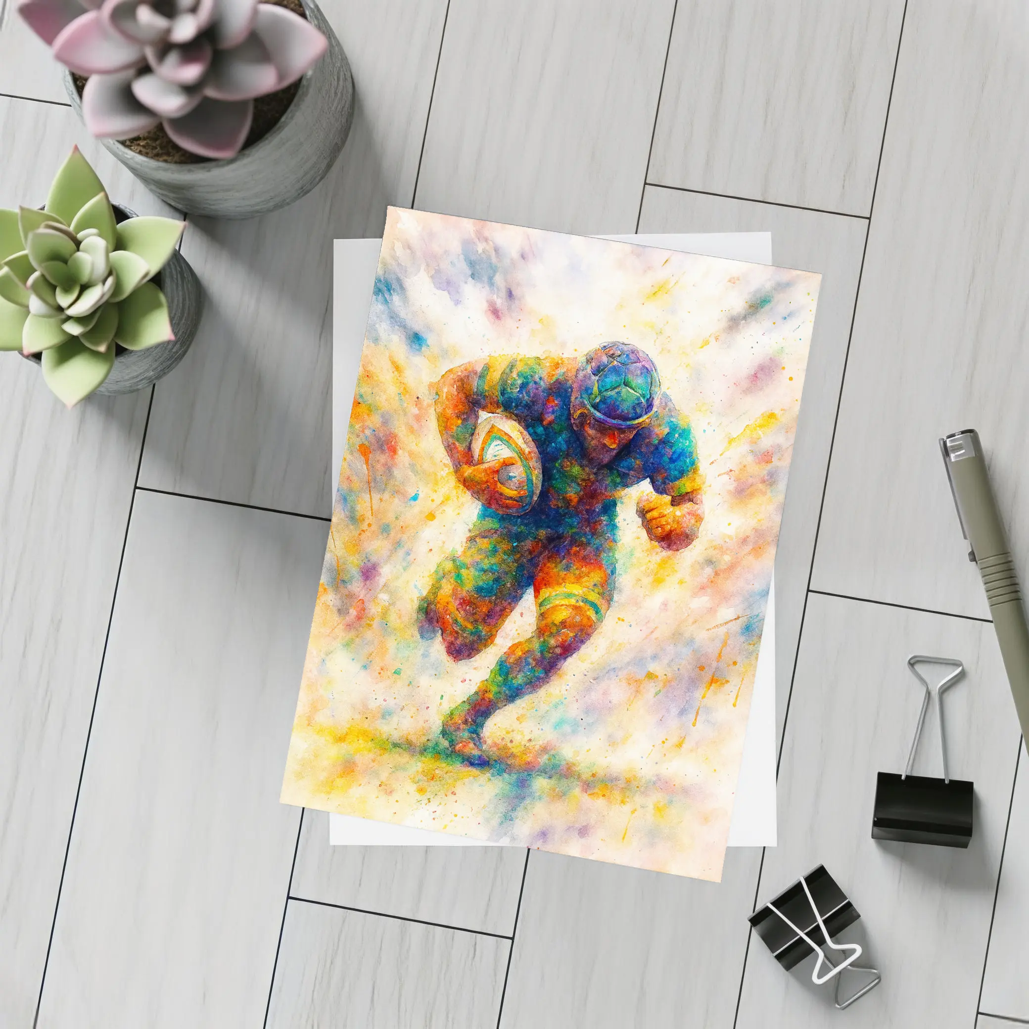 Rugby Player Running Watercolor Art Burst – Postcards