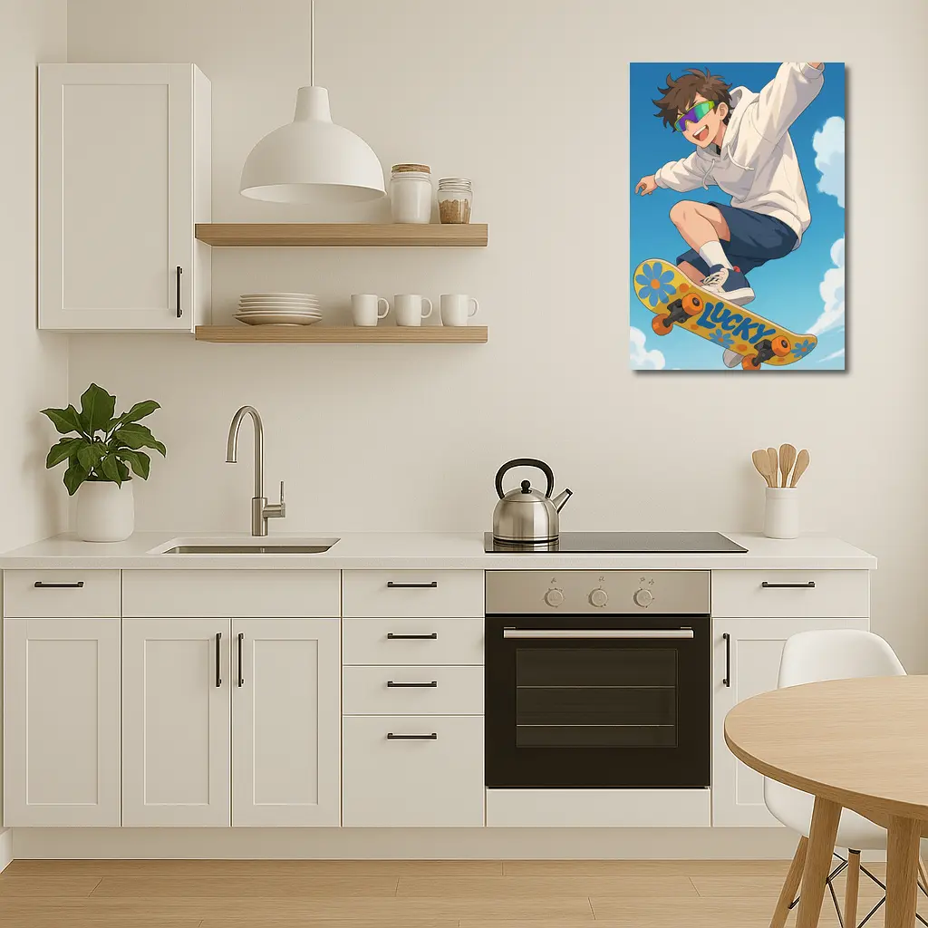 Anime Boy Skateboarding Jump Blue Sky – Wall Art