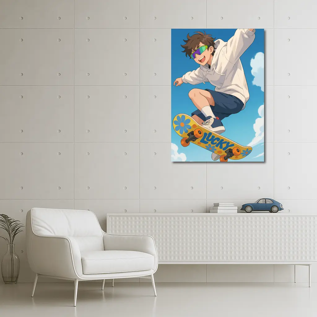 Anime Boy Skateboarding Jump Blue Sky – Wall Art