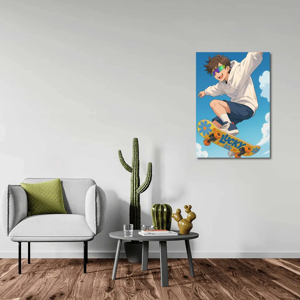 Anime Boy Skateboarding Jump Blue Sky – Wall Art