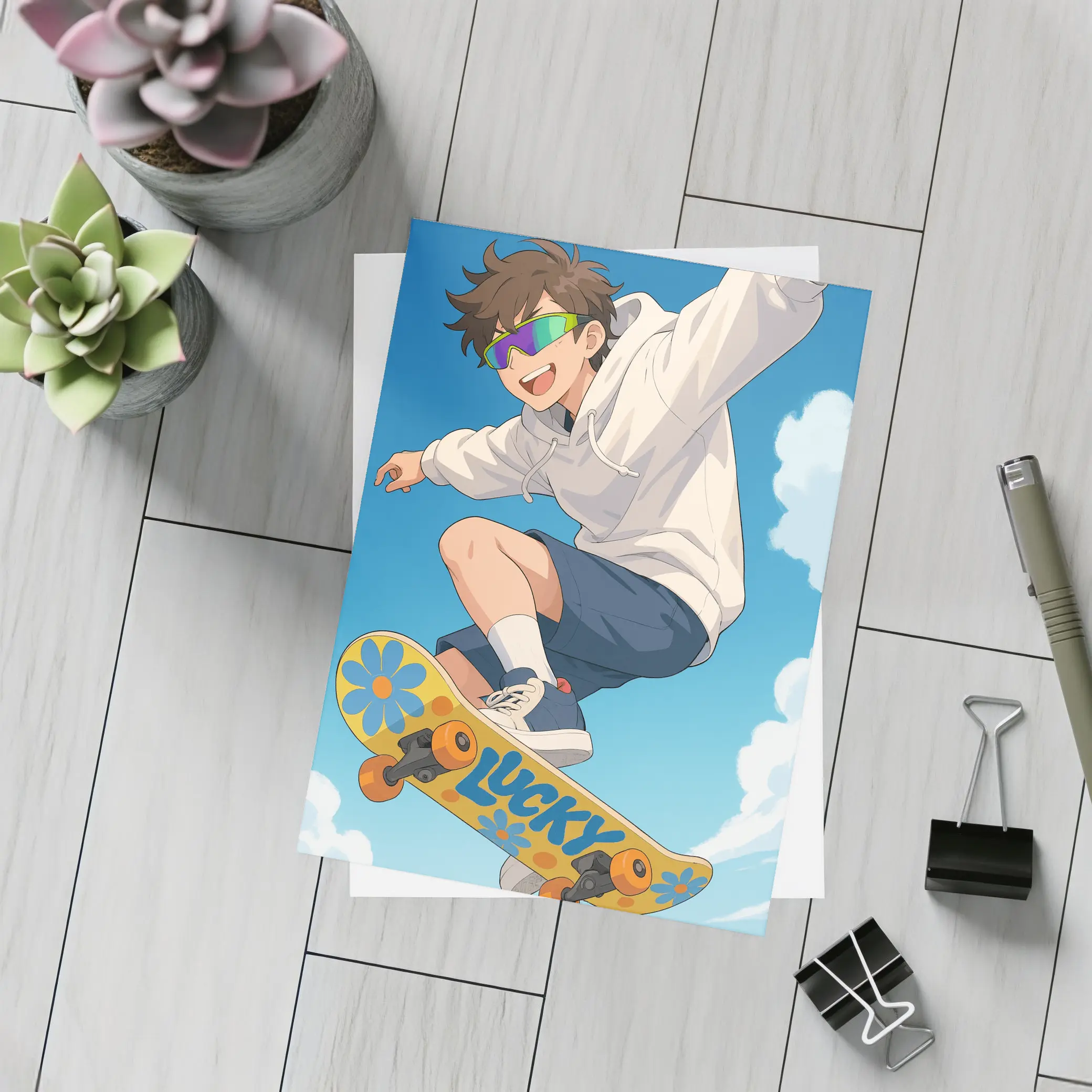 Anime Boy Skateboarding Jump Blue Sky – Postcards