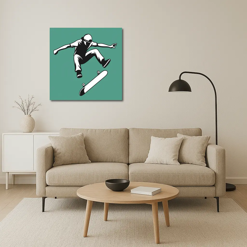 Skateboarder Kickflip Black White Teal Background – Wall Art