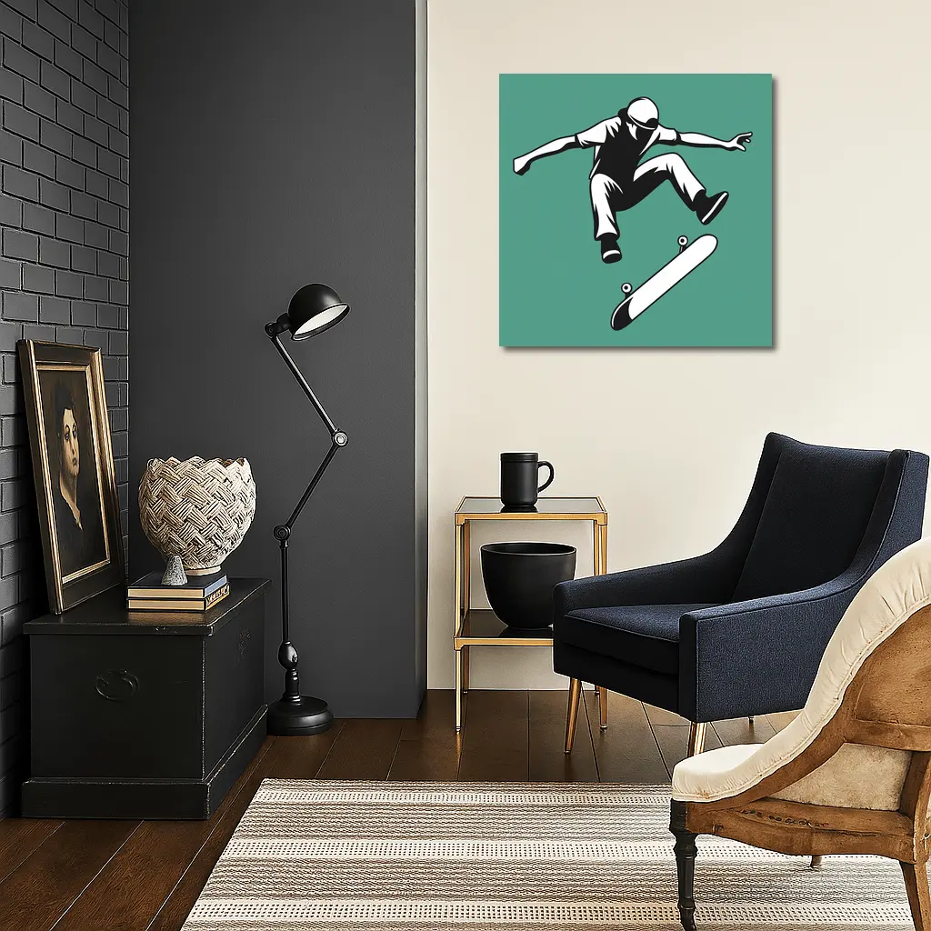 Skateboarder Kickflip Black White Teal Background – Wall Art