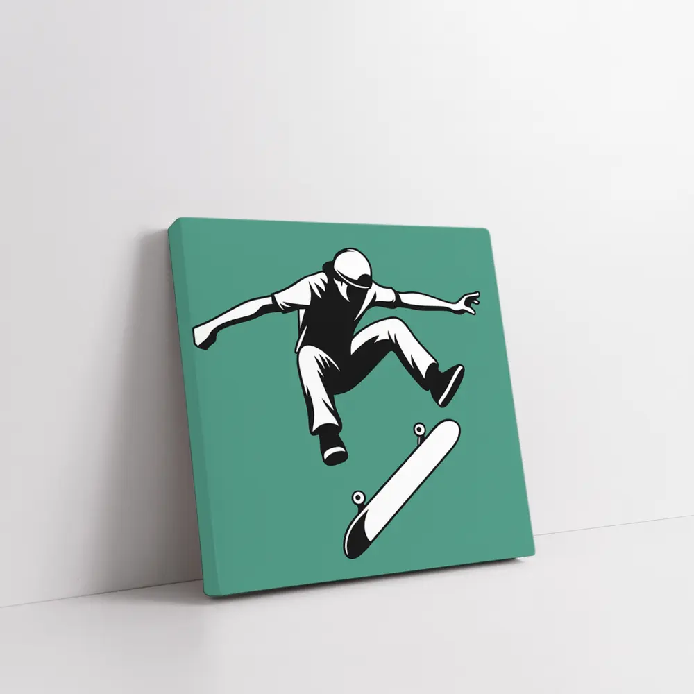 Skateboarder Kickflip Black White Teal Background – Wall Art