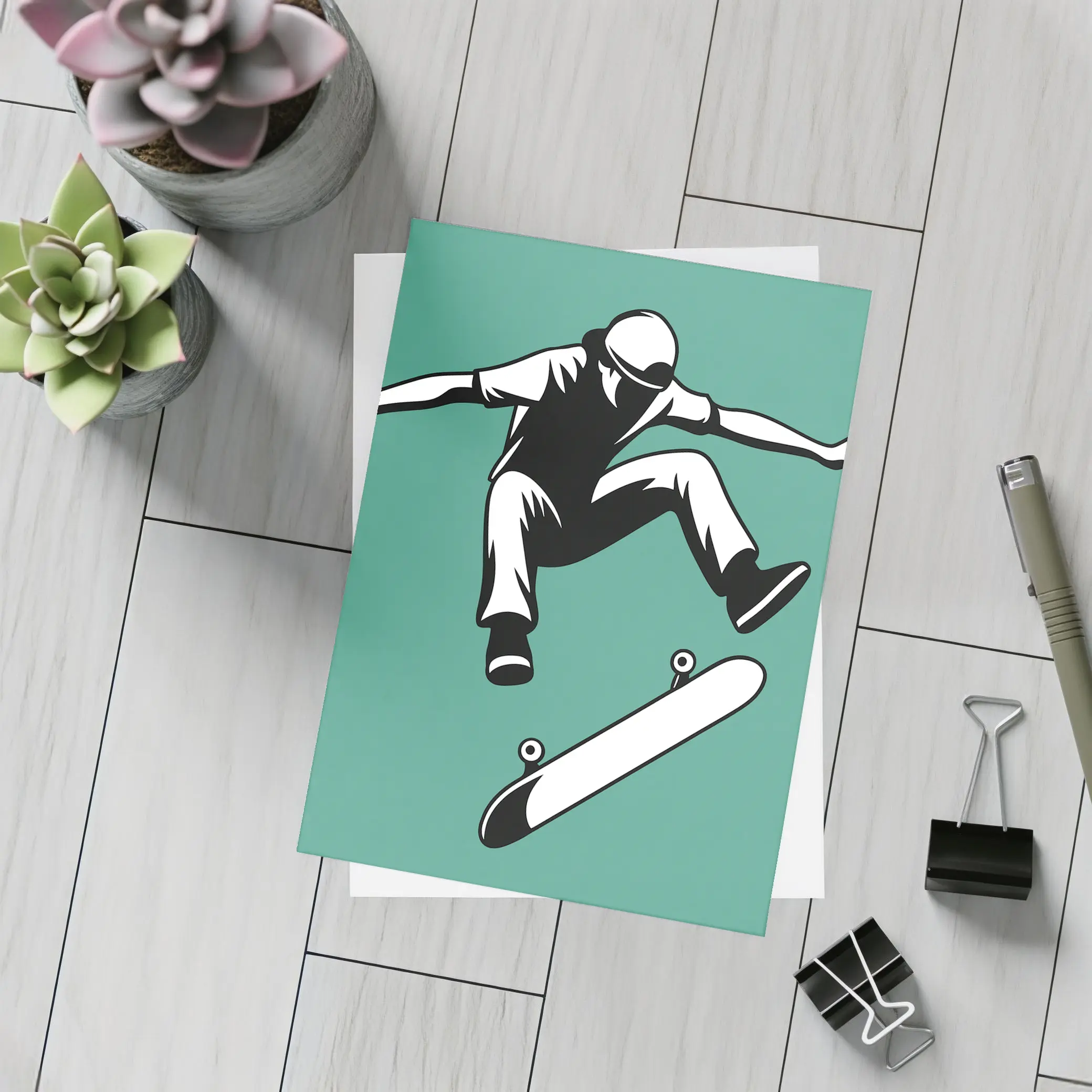 Skateboarder Kickflip Black White Teal Background – Postcards