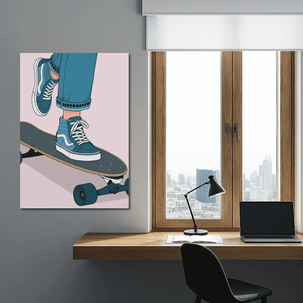 Skater Blue Sneakers On Skateboard Illustration – Wall Art
