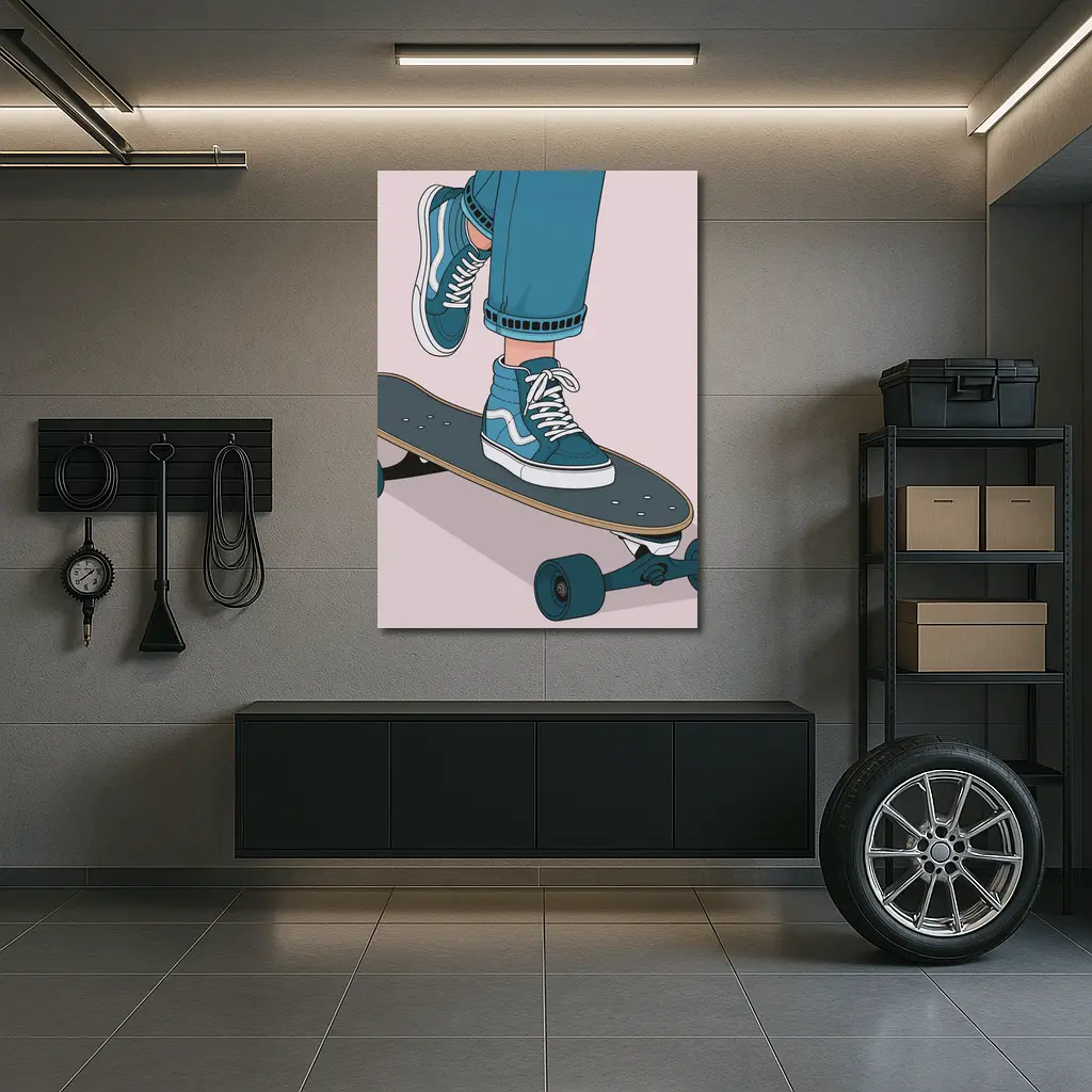 Skater Blue Sneakers On Skateboard Illustration – Wall Art