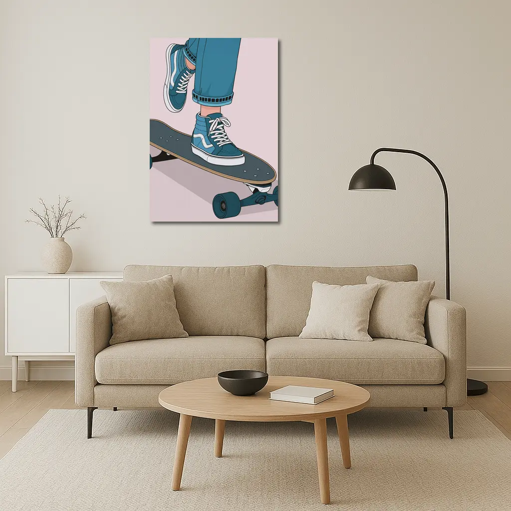 Skater Blue Sneakers On Skateboard Illustration – Wall Art