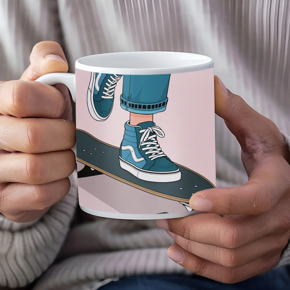 Skater Blue Sneakers On Skateboard Illustration – Mugs