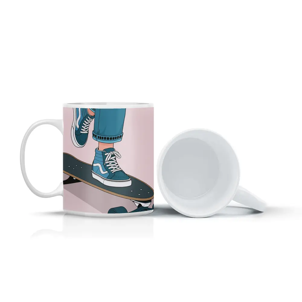 Skater Blue Sneakers On Skateboard Illustration – Mugs