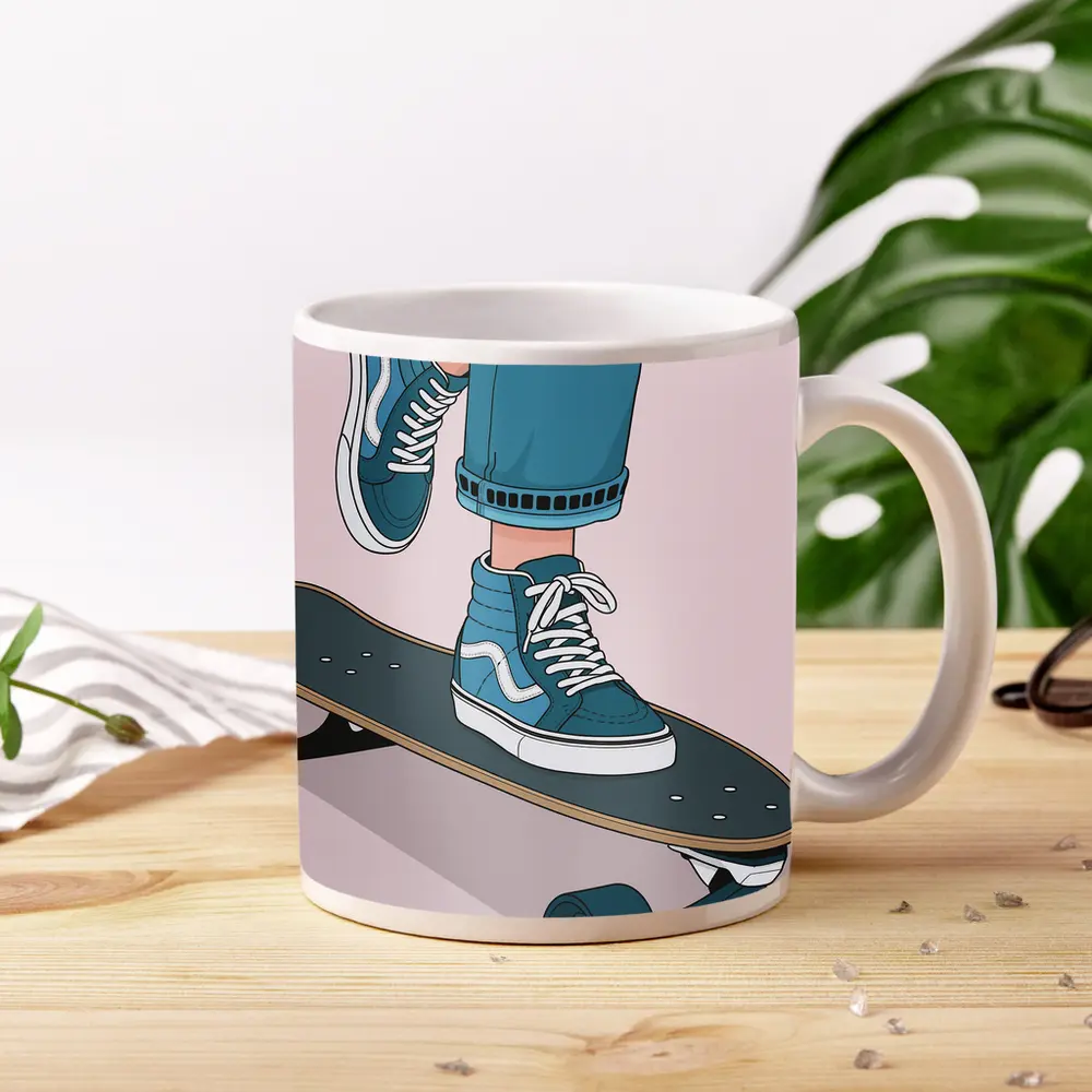 Skater Blue Sneakers On Skateboard Illustration – Mugs
