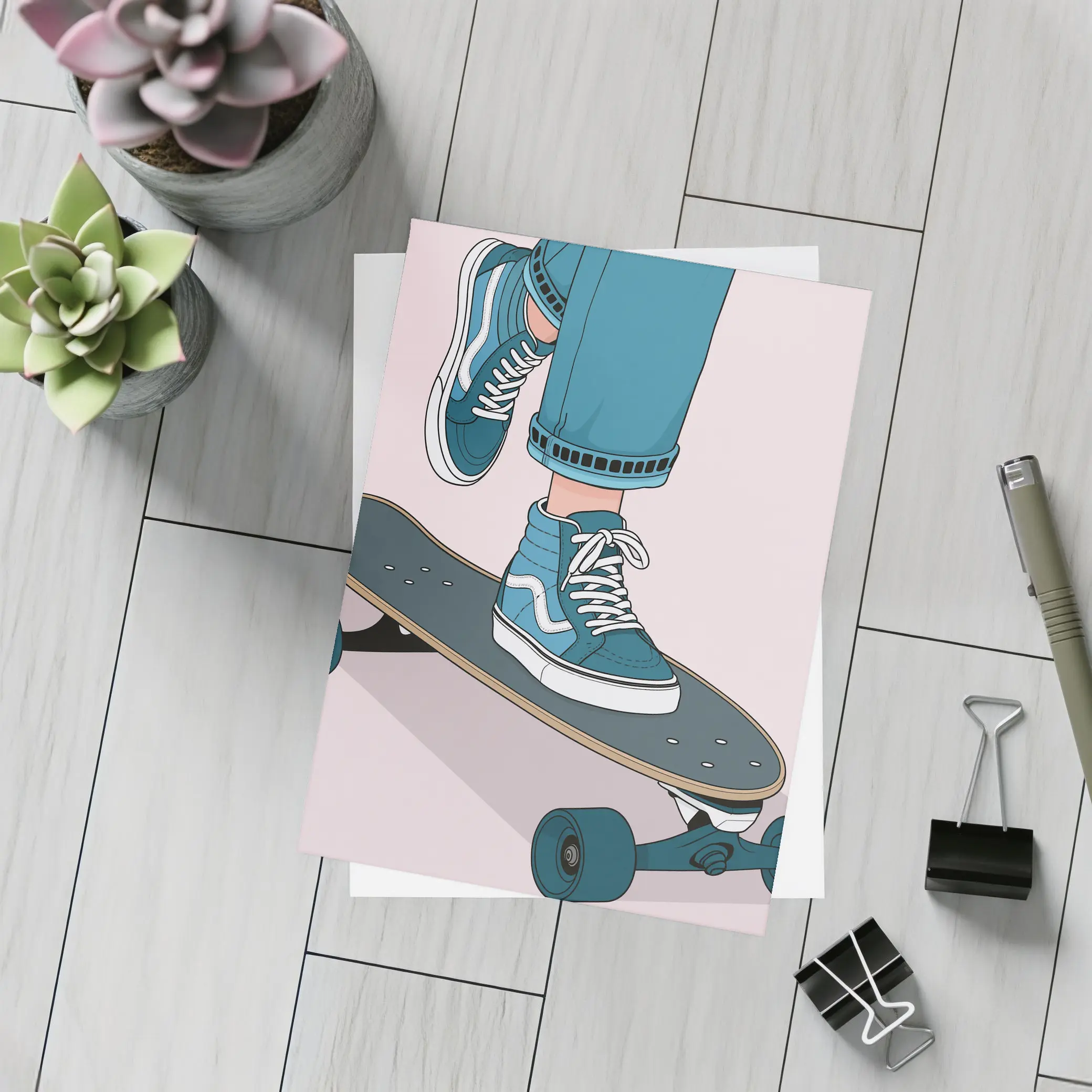 Skater Blue Sneakers On Skateboard Illustration – Postcards
