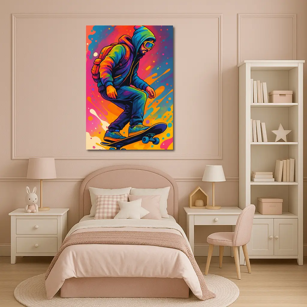 Skateboarder Pop Art Colorful Splash Background – Wall Art