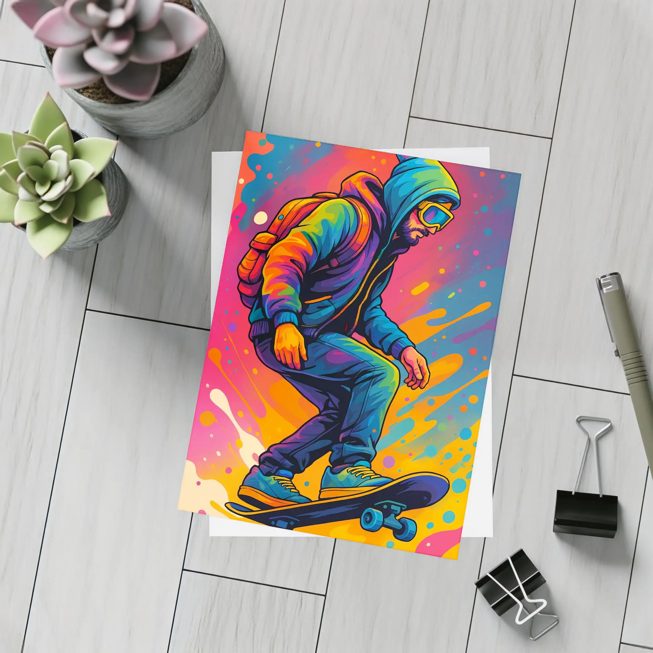 Skateboarder Pop Art Colorful Splash Background – Postcards