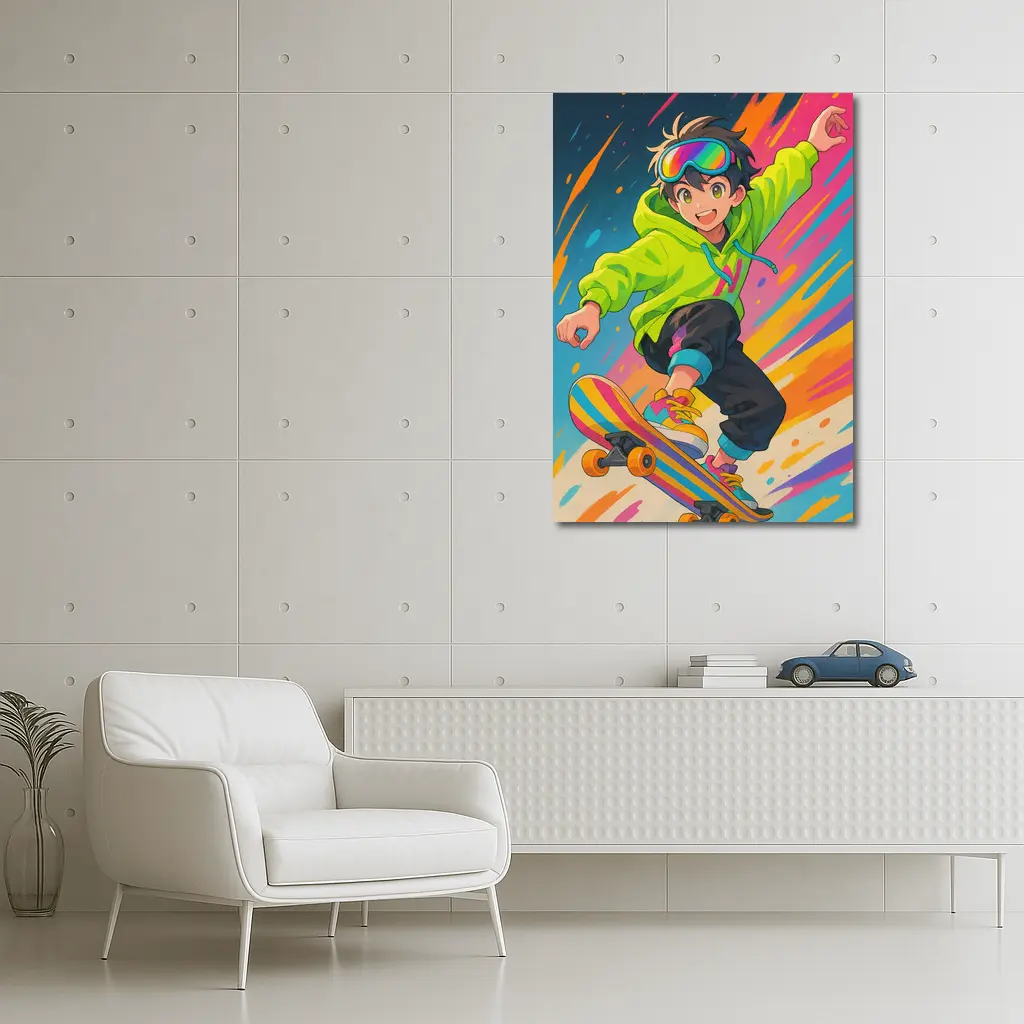 Anime Boy Skateboarding Colorful Abstract Background – Wall Art