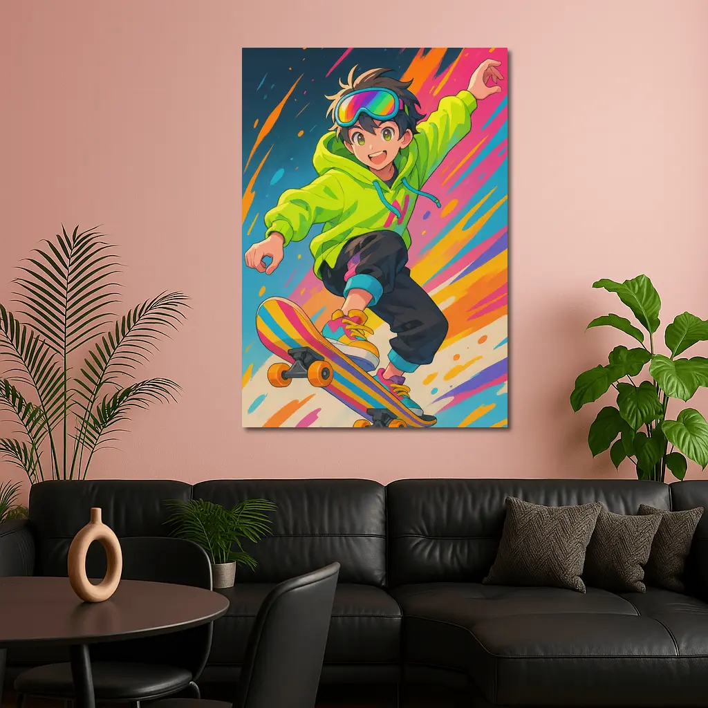 Anime Boy Skateboarding Colorful Abstract Background – Wall Art