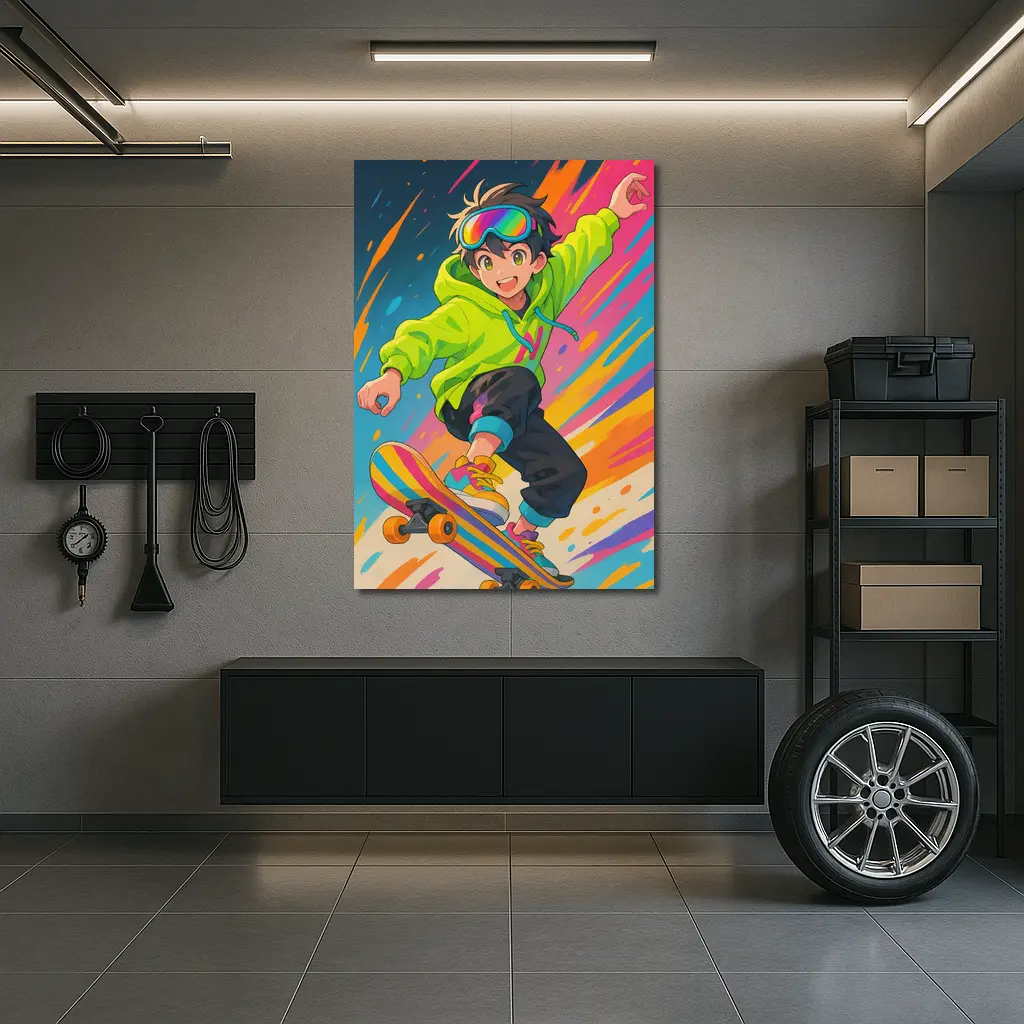 Anime Boy Skateboarding Colorful Abstract Background – Wall Art