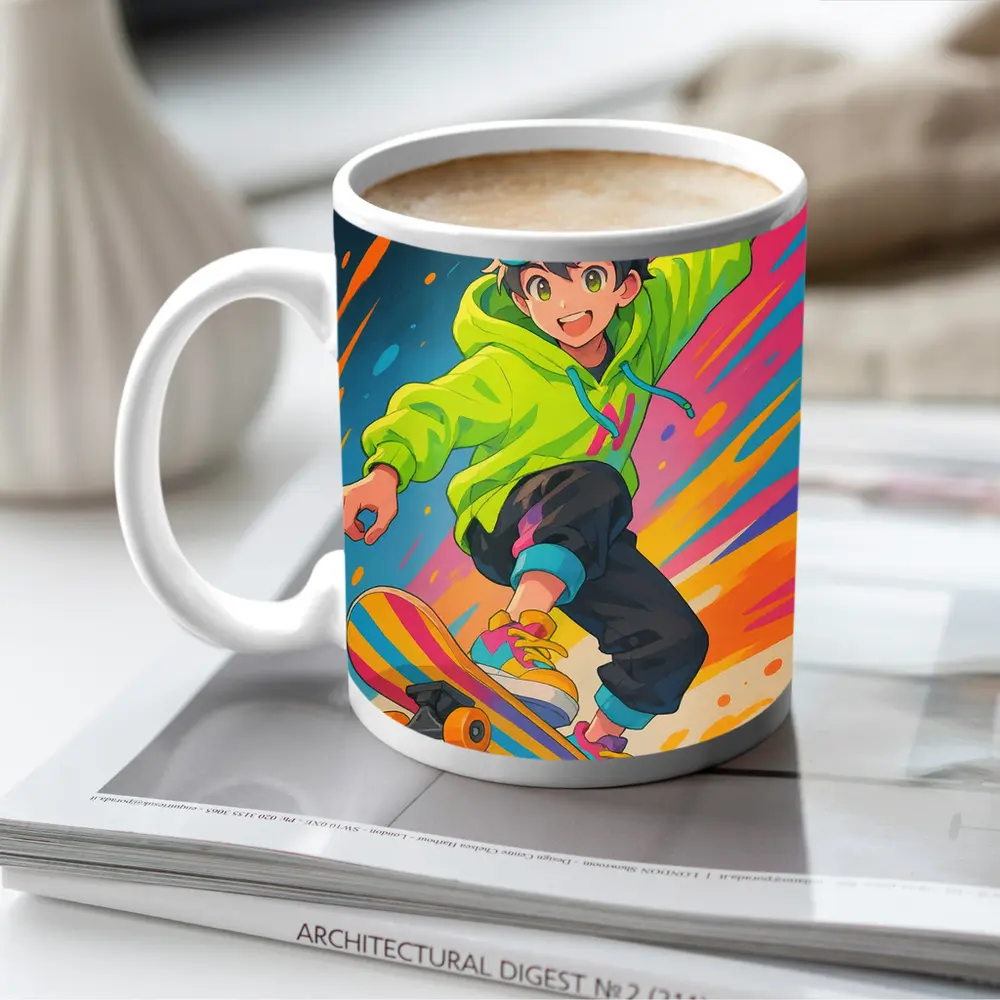 Anime Boy Skateboarding Colorful Abstract Background – Mugs