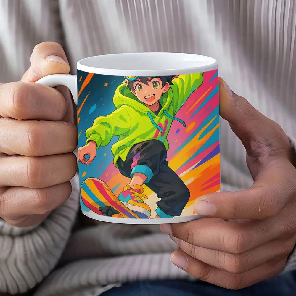 Anime Boy Skateboarding Colorful Abstract Background – Mugs