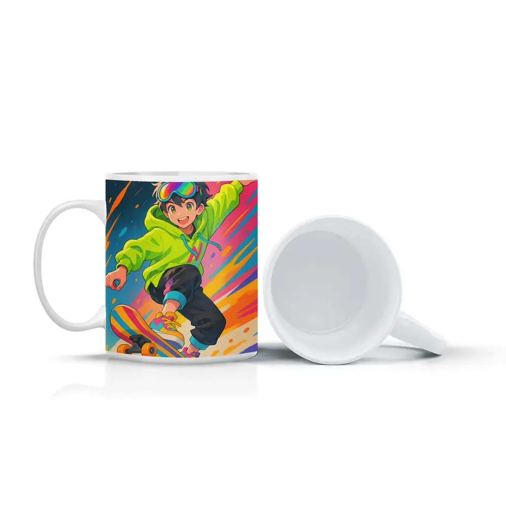 Anime Boy Skateboarding Colorful Abstract Background – Mugs