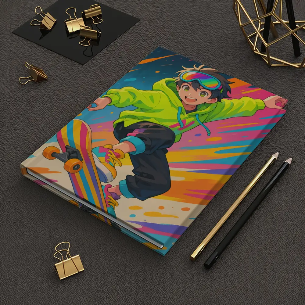 Anime Boy Skateboarding Colorful Abstract Background – Notebooks