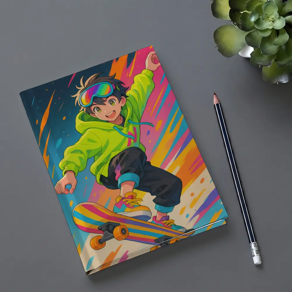 Anime Boy Skateboarding Colorful Abstract Background – Notebooks