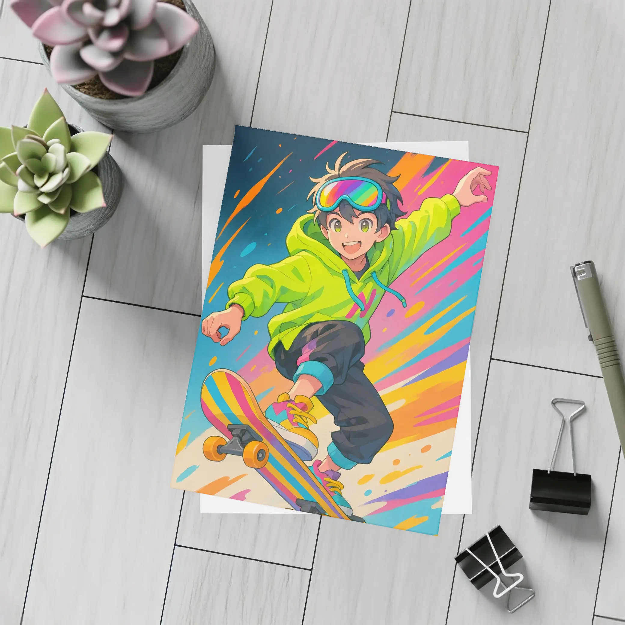 Anime Boy Skateboarding Colorful Abstract Background – Postcards