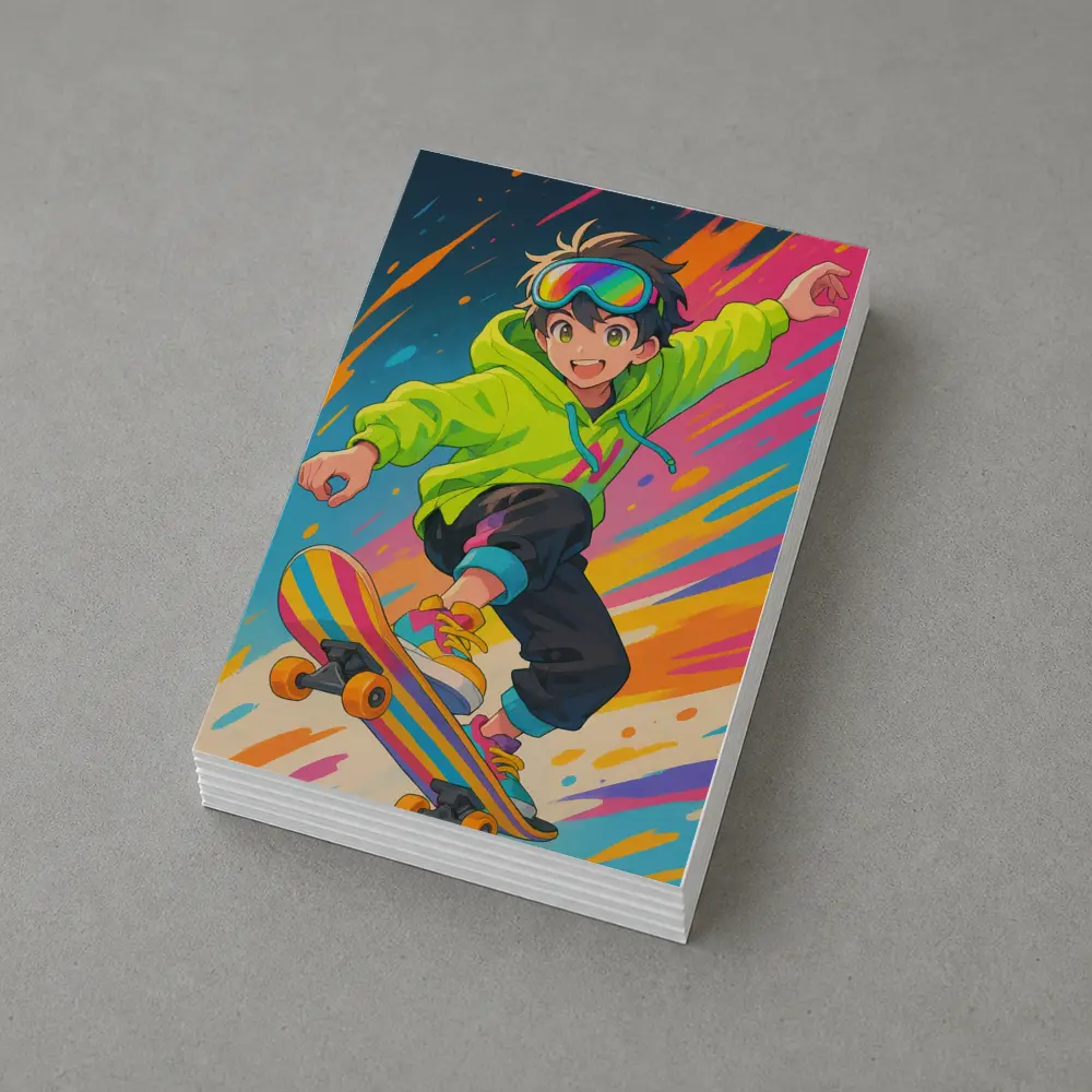 Anime Boy Skateboarding Colorful Abstract Background – Postcards
