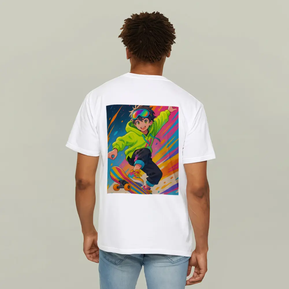 Anime Boy Skateboarding Colorful Abstract Background – T-Shirts