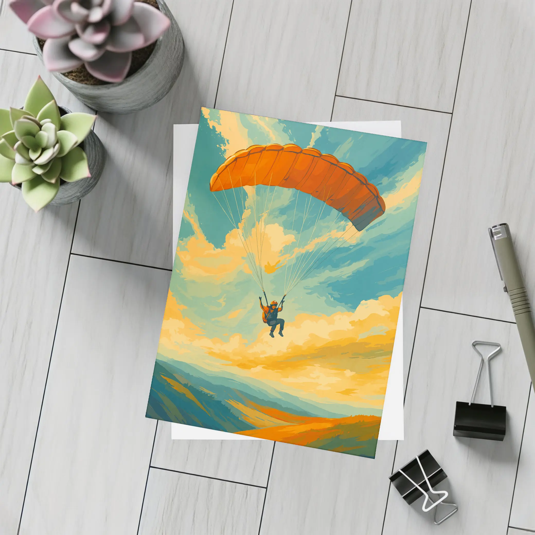 Paraglider Soaring Over Golden Cloudy Sky – Postcards