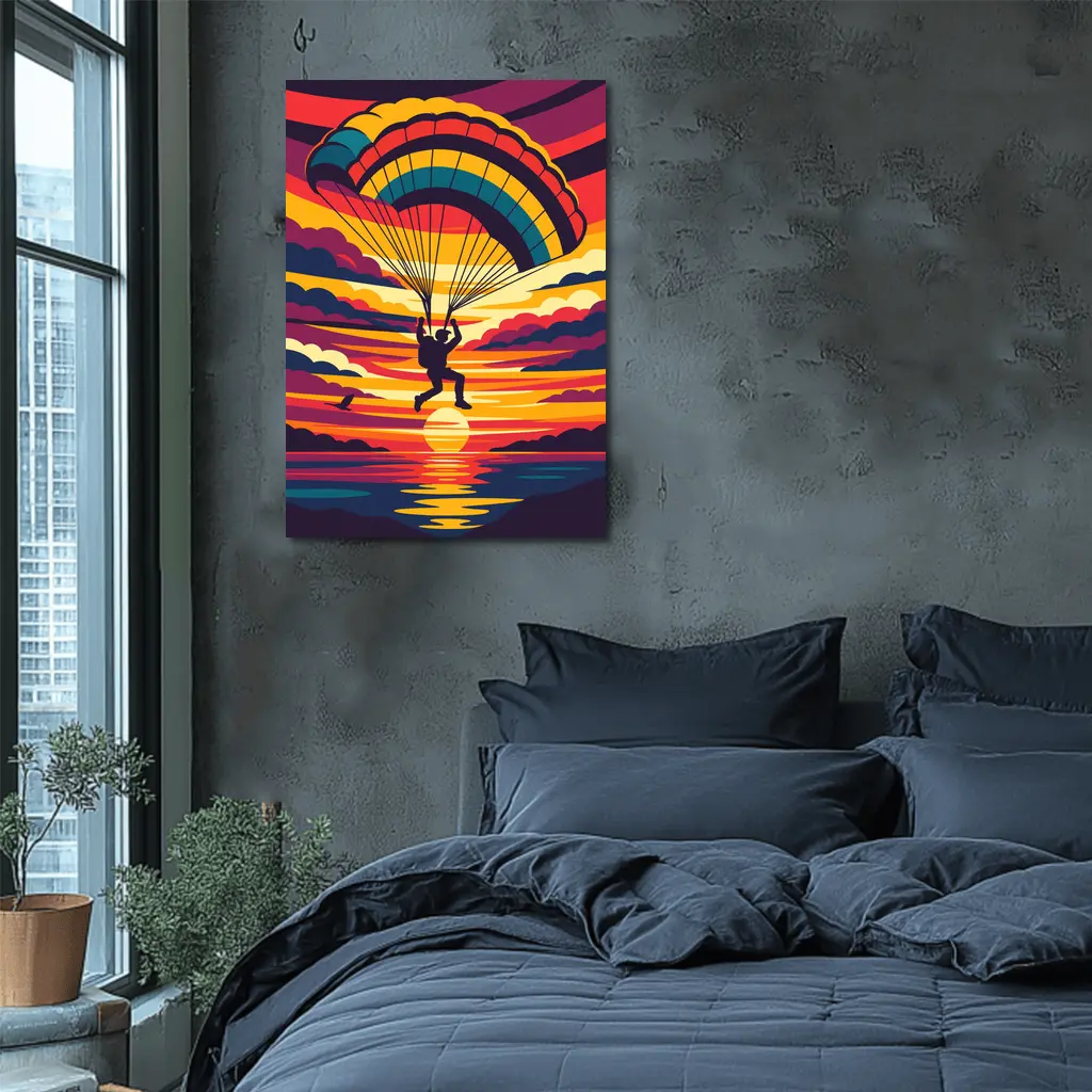 Skydiver Silhouette Colorful Sunset Ocean Sky – Wall Art