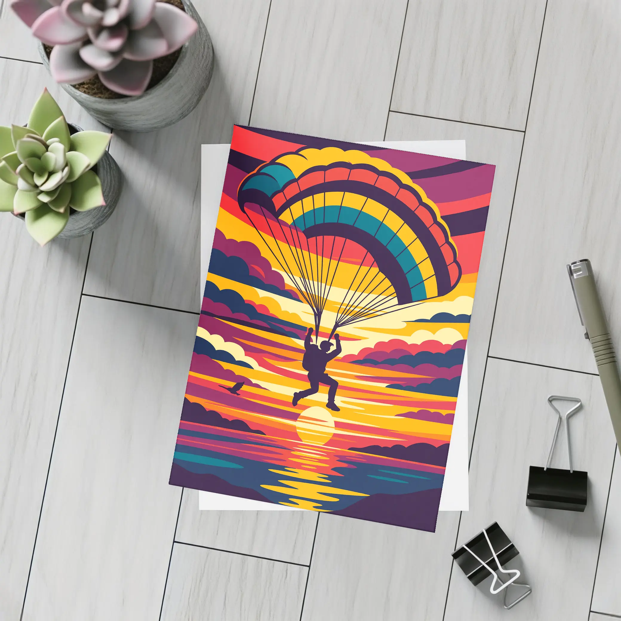 Skydiver Silhouette Colorful Sunset Ocean Sky – Postcards