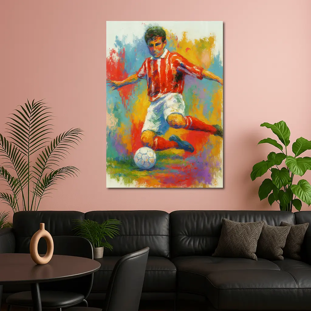 Soccer Player Kicking Ball Colorful Oil Painting – Wall Art