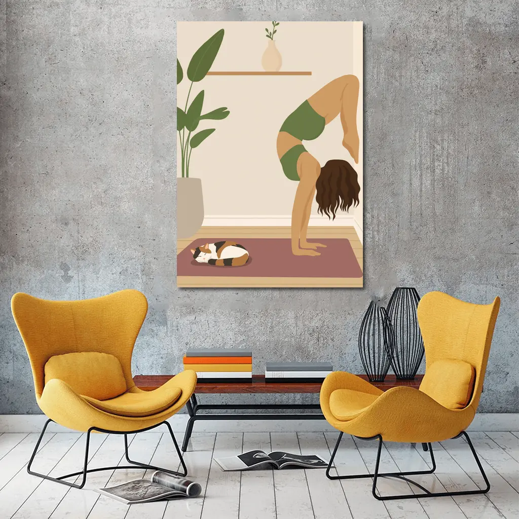 Woman Doing Yoga With Sleeping Cat – Wall Art