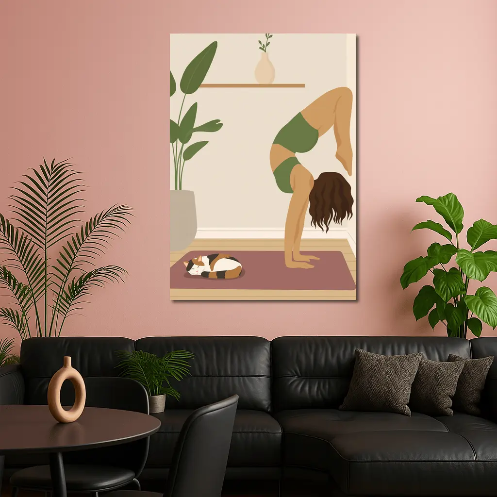 Woman Doing Yoga With Sleeping Cat – Wall Art