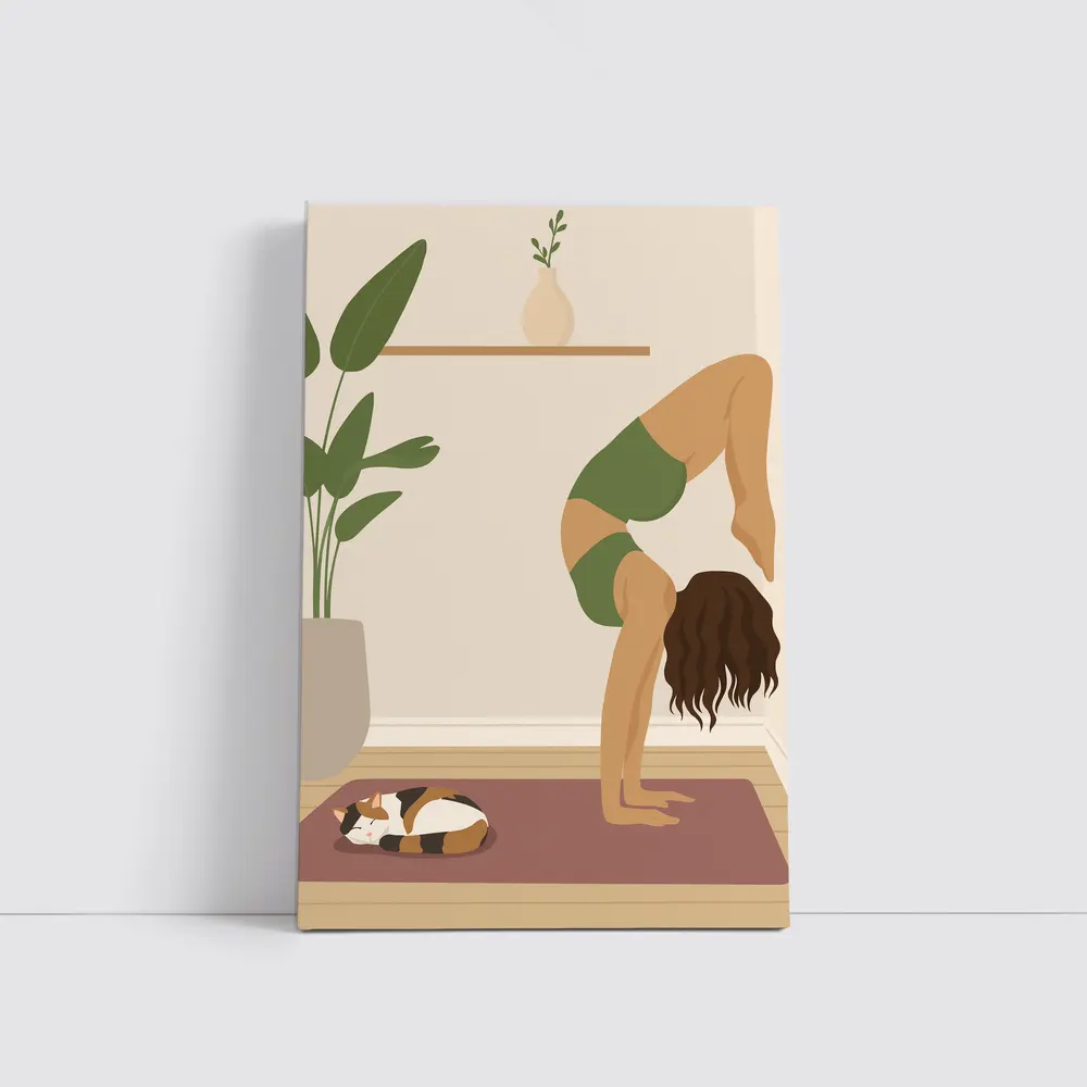 Woman Doing Yoga With Sleeping Cat – Wall Art