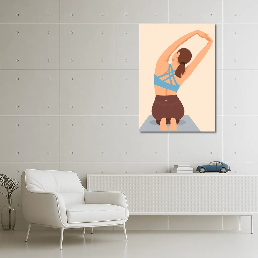 Woman Stretching Yoga Pose Beige Background – Wall Art