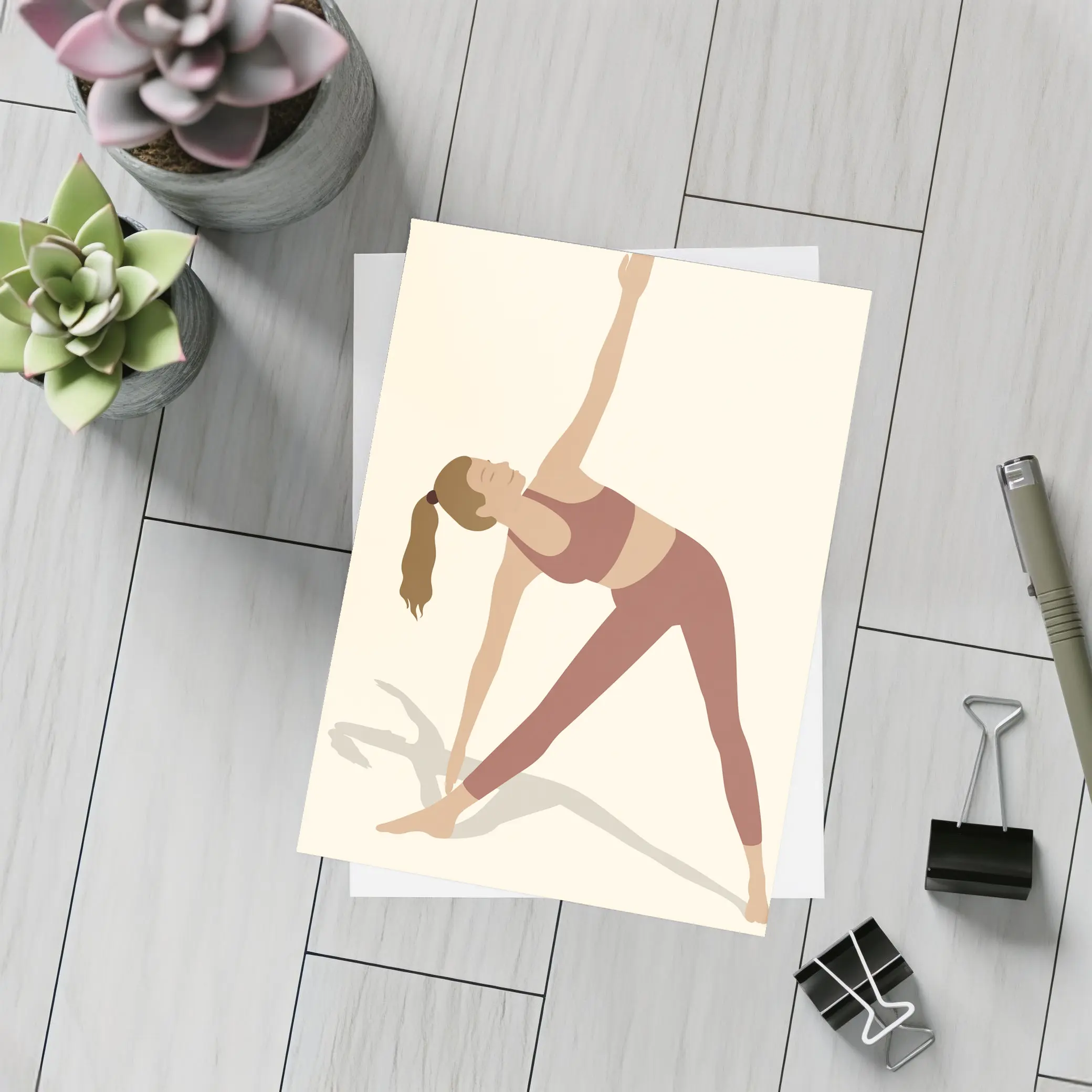 Yoga Triangle Pose Woman Beige Background – Postcards
