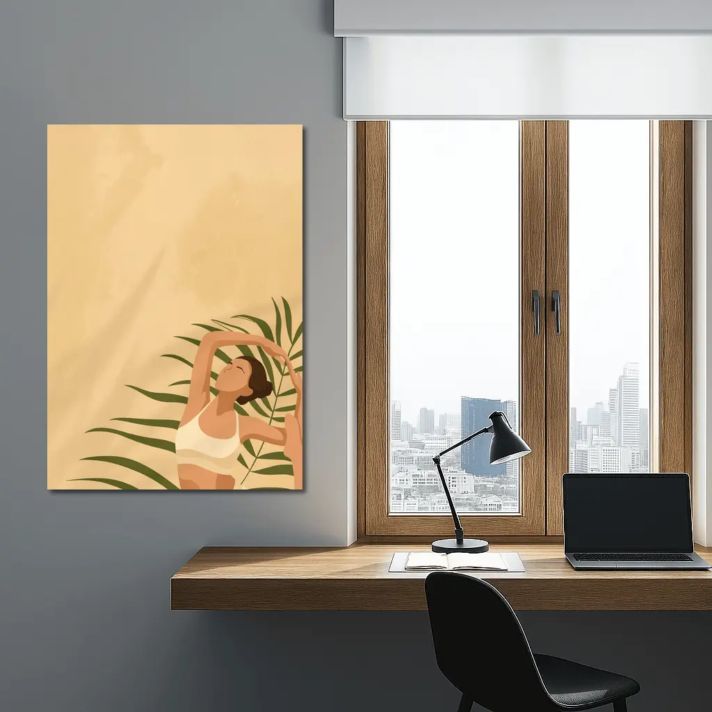 Woman Stretching With Tropical Palm Leaves – Wall Art