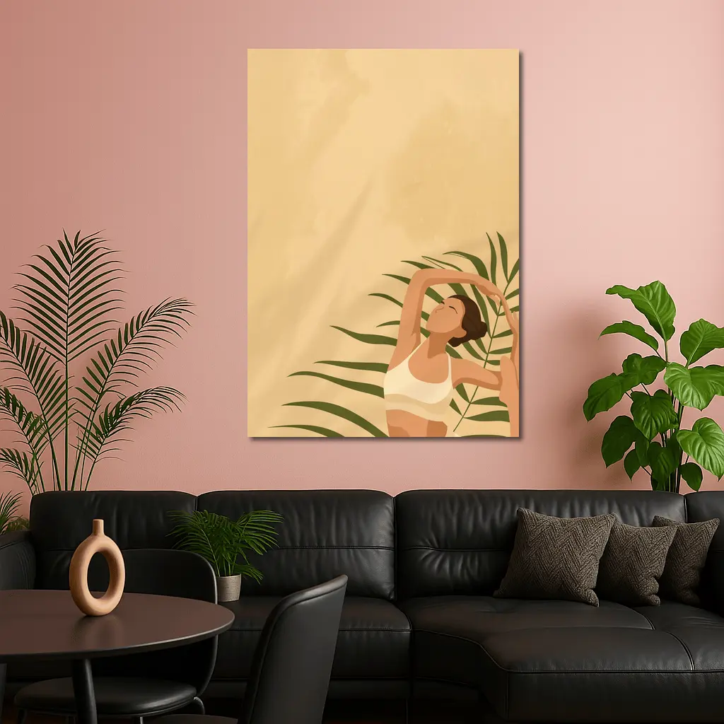 Woman Stretching With Tropical Palm Leaves – Wall Art
