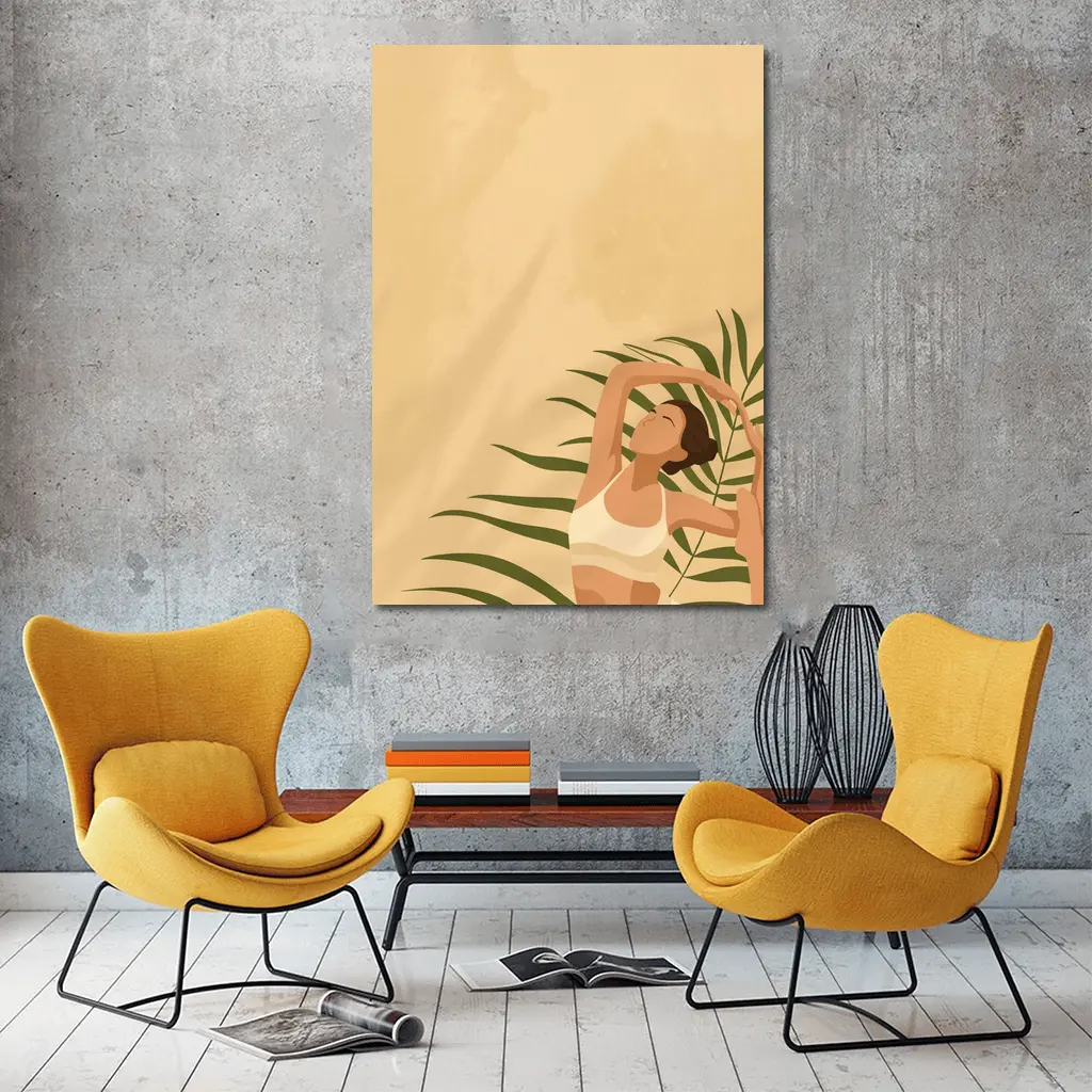 Woman Stretching With Tropical Palm Leaves – Wall Art