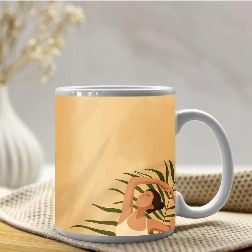 Woman Stretching With Tropical Palm Leaves – Mugs