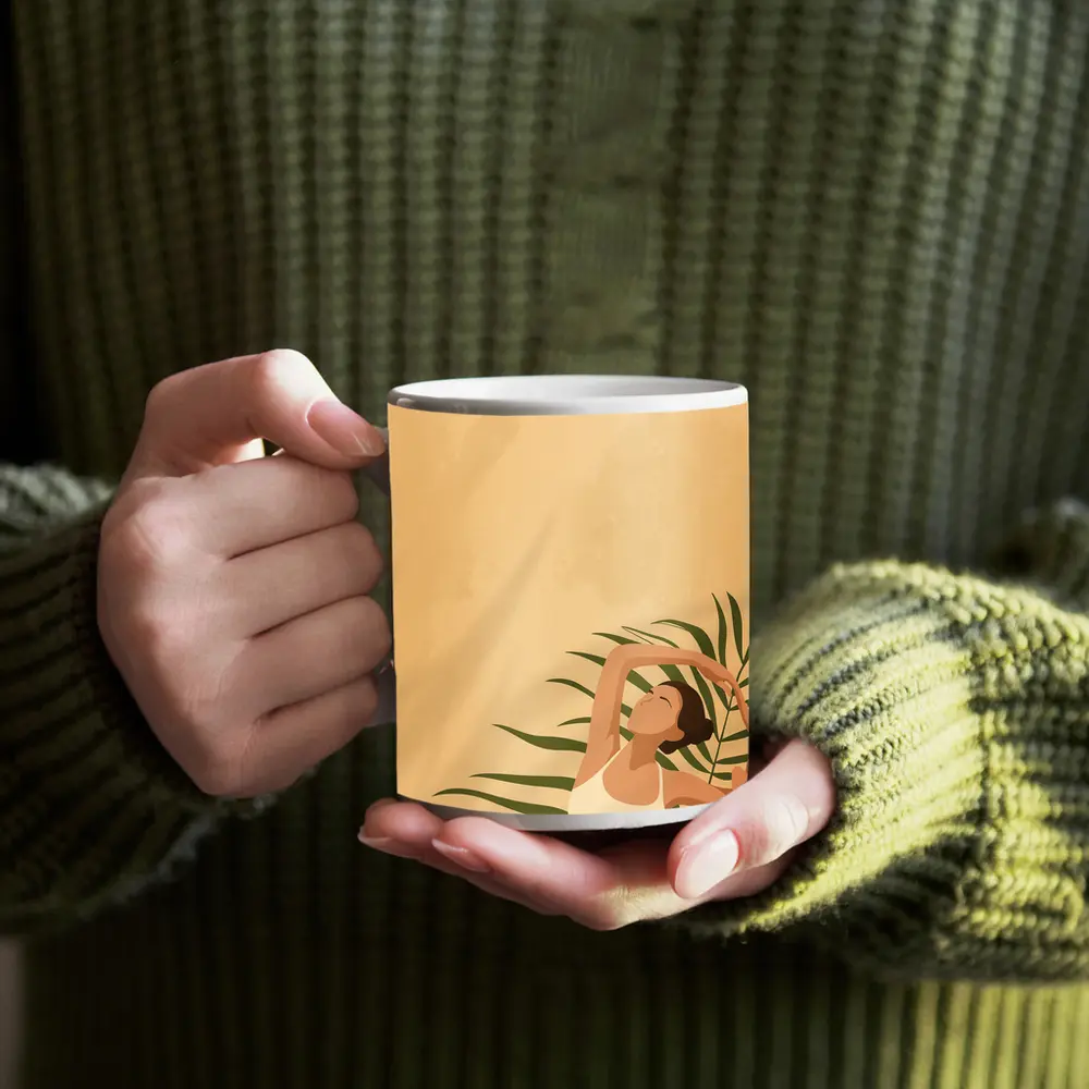 Woman Stretching With Tropical Palm Leaves – Mugs