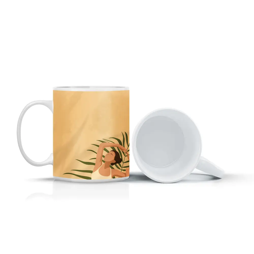 Woman Stretching With Tropical Palm Leaves – Mugs
