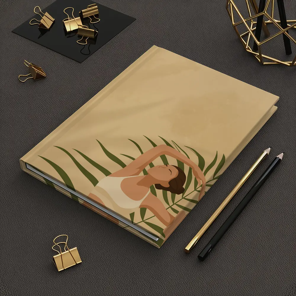 Woman Stretching With Tropical Palm Leaves – Notebooks